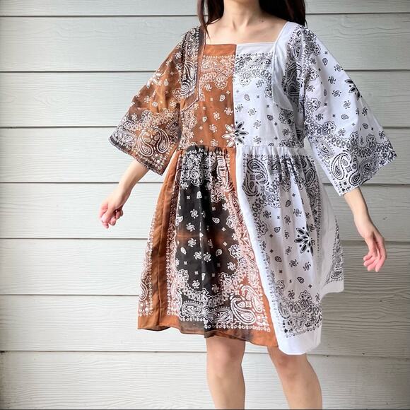 Handmade Half&Half Split Bandana Dress/Brown/White Dress SKU 1266 - Picture 1 of 16